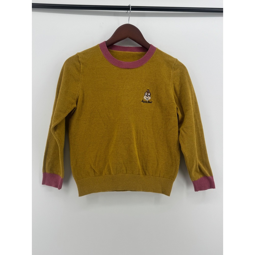 Kids Chipmunk‎ Embroidered Mustard Yellow Sweater with Pink Trim